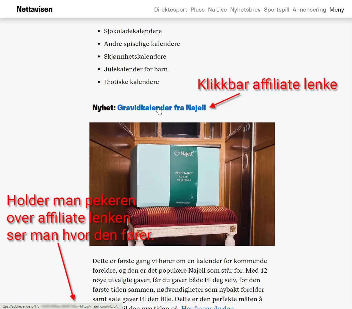 Eksempel på affiliate-lenke i Nettavisen-artikkel