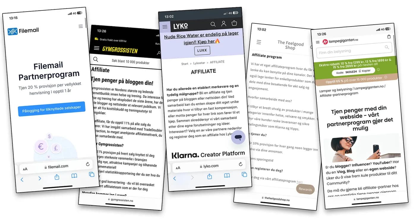 Ulike affiliateprogrammer funnet via mobilsøk på Google