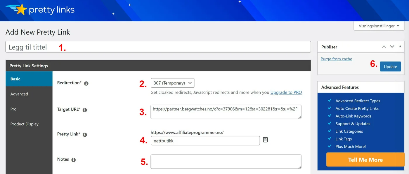 Skjermbilde av Pretty Links – skjema for å lage en kort affiliate-lenke