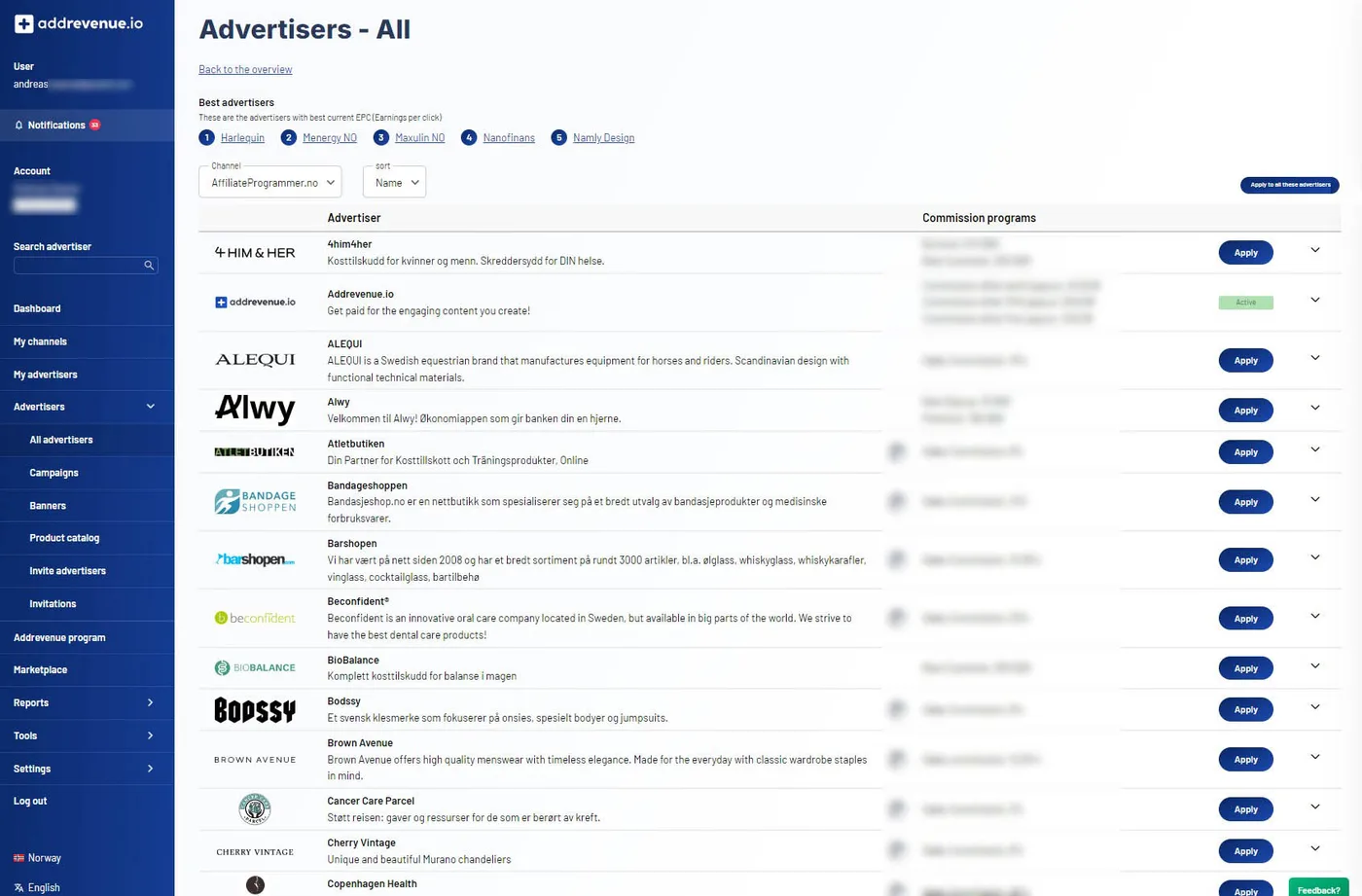 Oversikt over partnerprogrammer hos Addrevenue