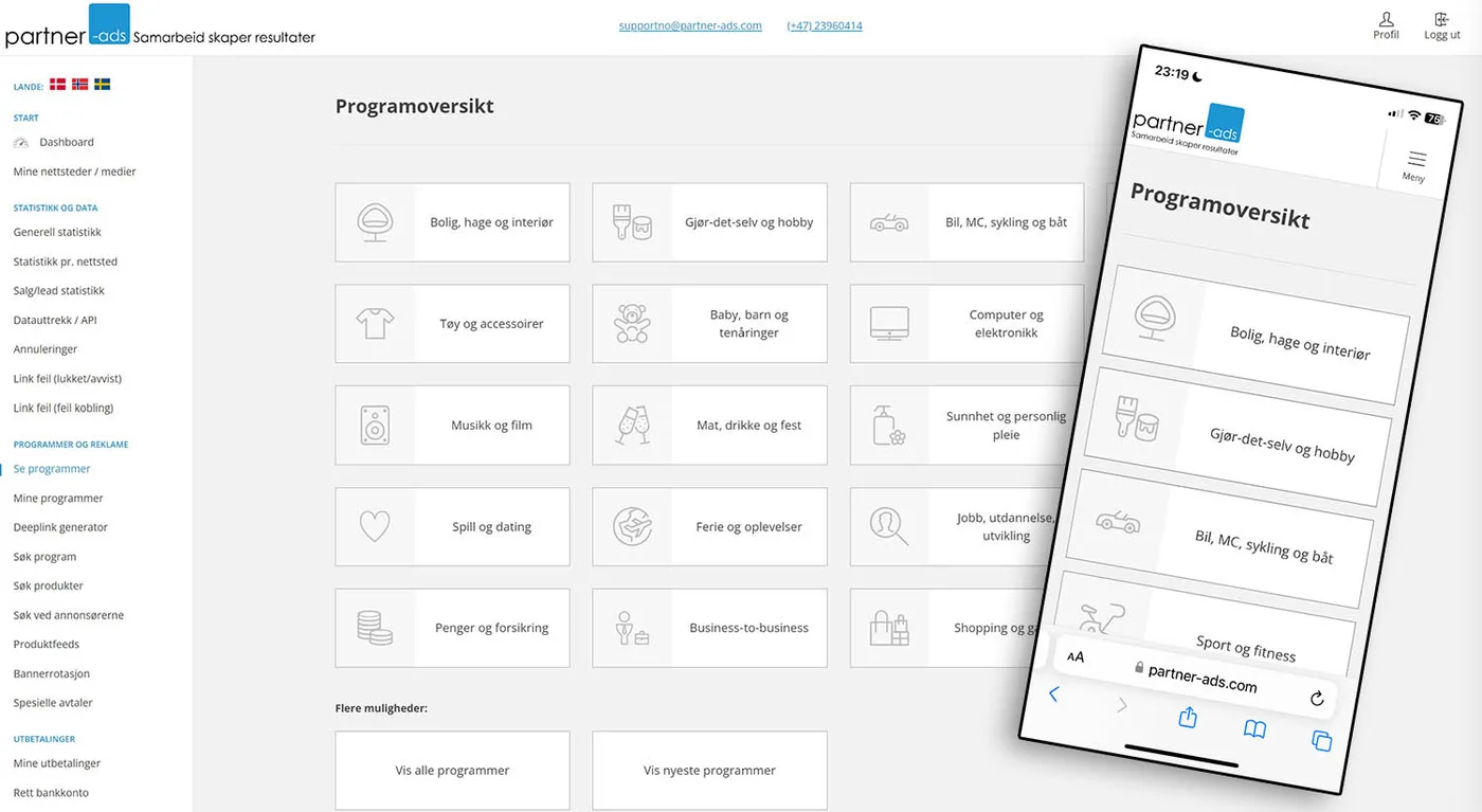 Partner-Ads kategorier og programoversikt