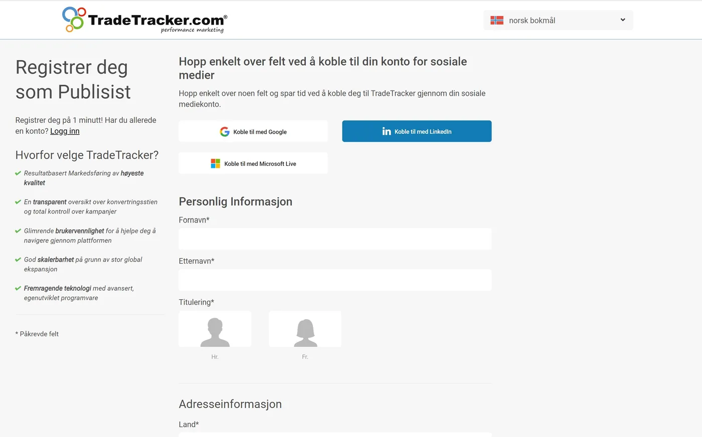 Innmelding hos TradeTracker