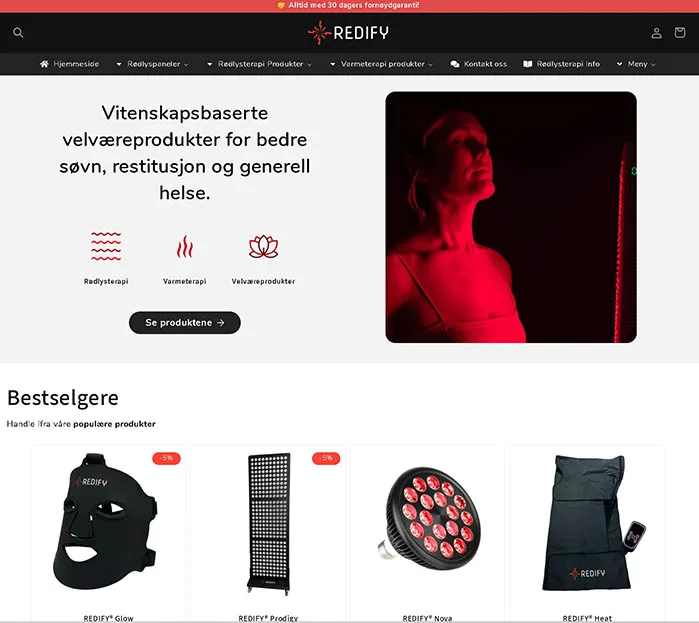Nettbutikken til Redify med produkter innen rødlys- og varmeterapi