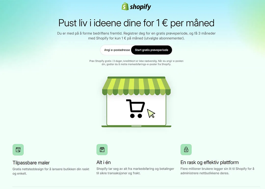 Forsiden til Shopify slik en henvist besøkende ser den